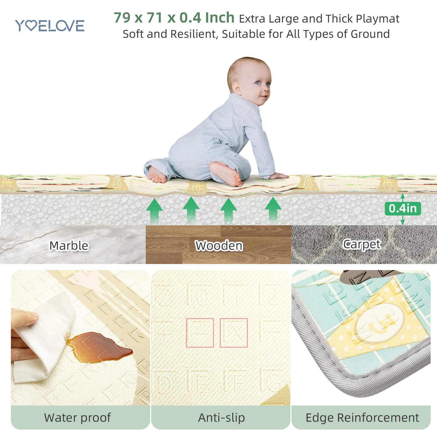 Yoelove Baby Play Mat for Floor, 79" x 71" x 0.4" Extra Large Foldable Play Mat, Thick Reversible Foam Playmat Crawling Mat for Infants, Toddlers and Kids